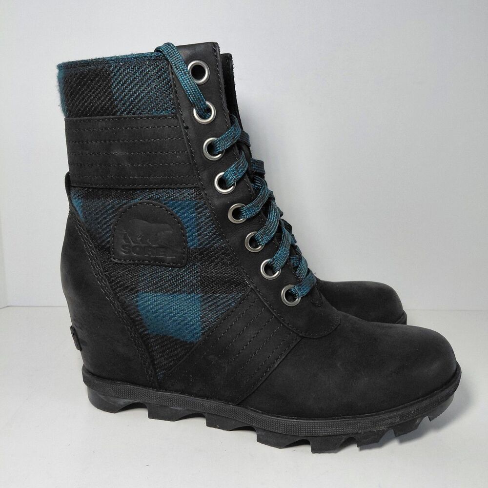 Sorel Lexie Hidden Wedge Women’s Sz 7.5 Boots Black Blue Plaid Ankle Boots